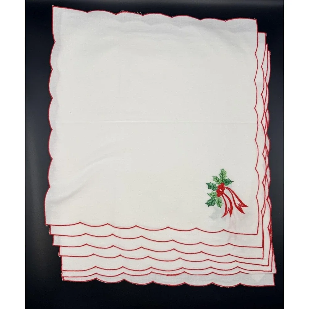 Jabara Set 8 Napkins Holly Berry Christmas Holiday Embroidered Celebration 16x16